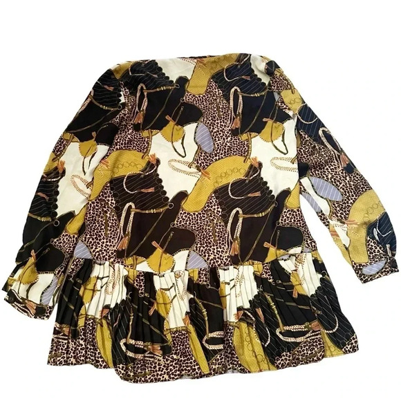 Zara •Equestrian Pleated Peplum Tunic Top Black Bridle Chain Print Size Small - Picture 2 of 10